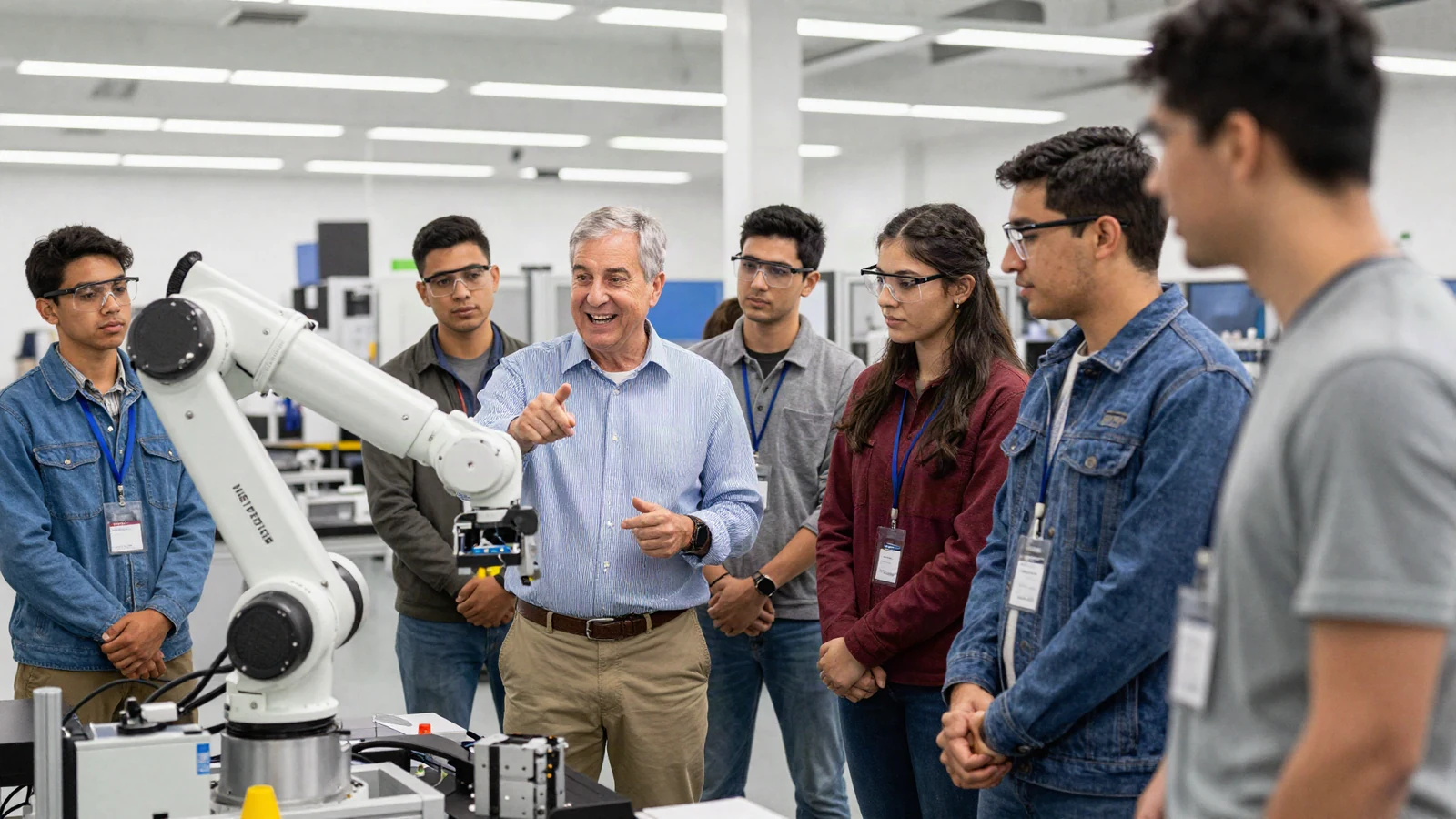 Un gerente sénior explicando un brazo robótico industrial a jóvenes aprendices adultos