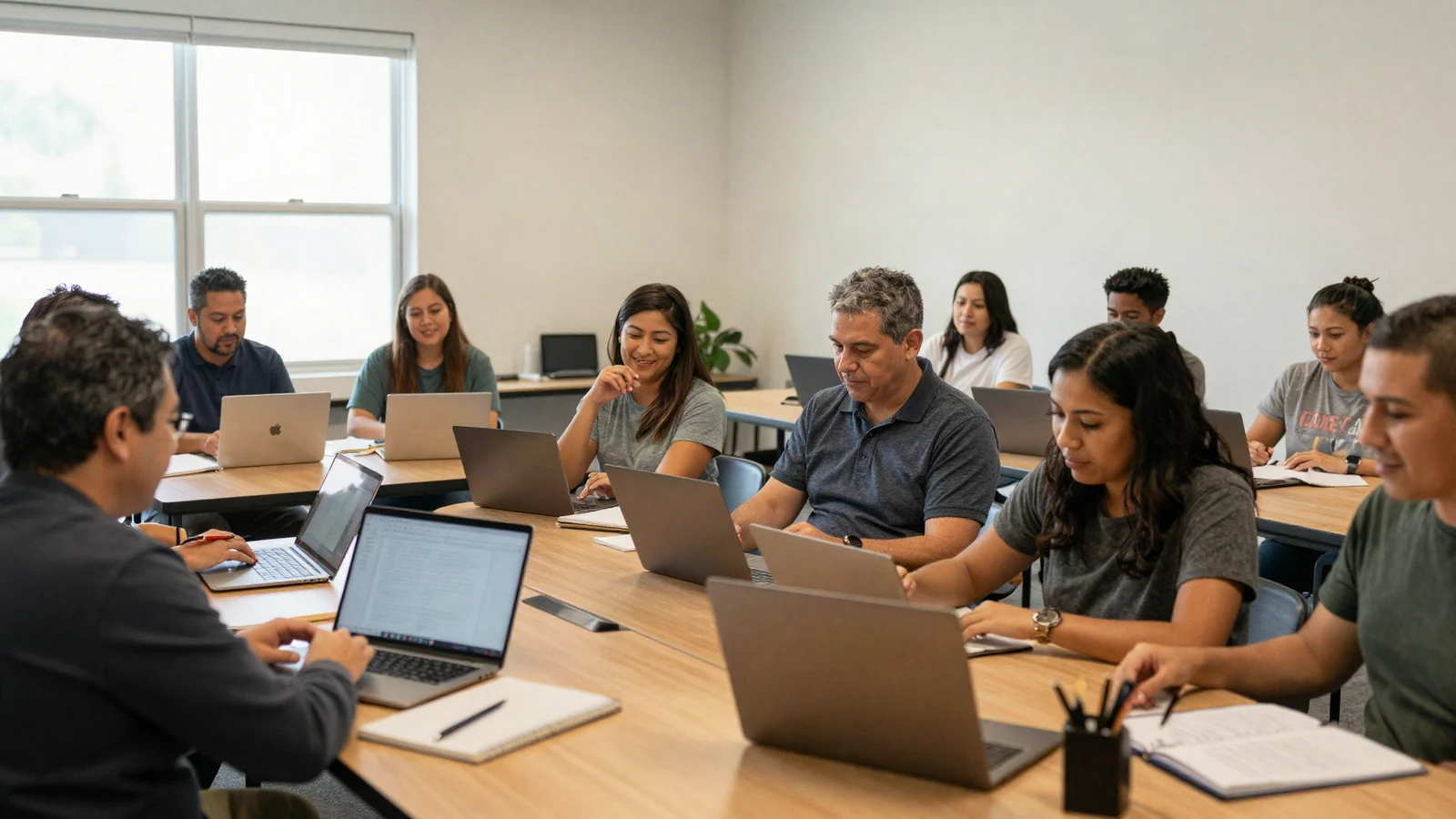 Adultos diversos aprendiendo juntos alrededor de una computadora